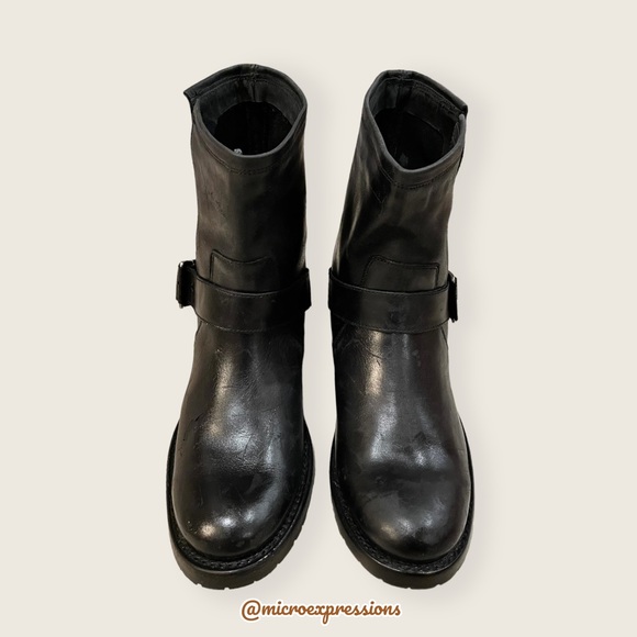 $388 Frye Natalie Engineer Black Leather  Short Moto Belted Casual Lug AnkleBoot - Picture 10 of 16